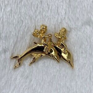 Kirks Folly Signed Vintage Cherub Angels on Dolphins Figural Brooch Pin Gold